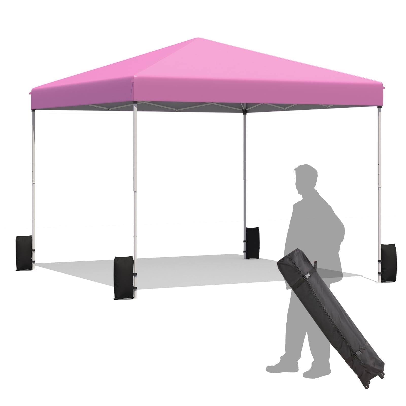 Erommy 10x10 ft Pop Up Canopy Tent, Easy Up Outdoor Canopy with Wheeled Bag, 4 Sand Bags, 4 Ropes and 8 Spikes,Pink